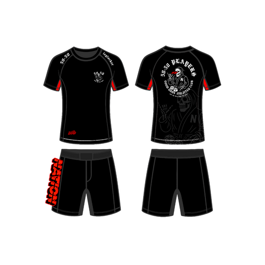 Black athletic outfit with red accents on a white background