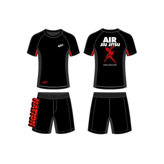 Black martial arts uniform with red accents on a white background