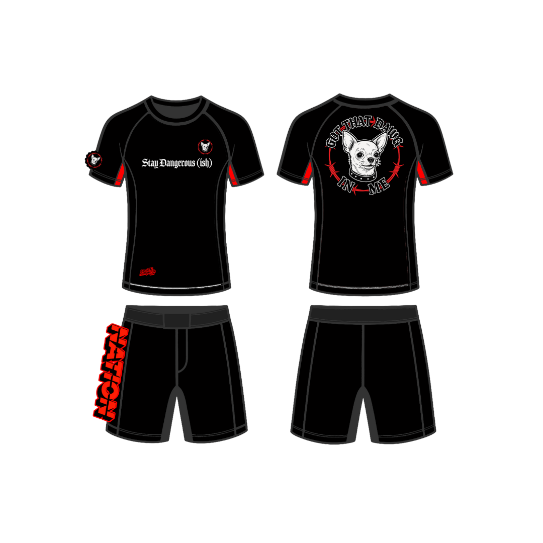 Black athletic outfit with red accents featuring graphic designs on a white background
