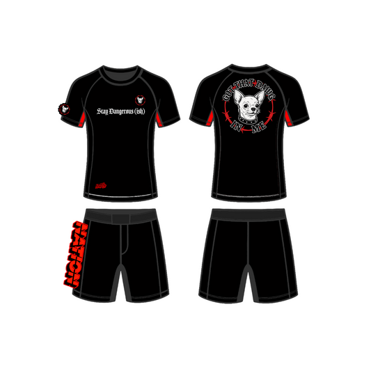 Black athletic outfit with red accents featuring graphic designs on a white background